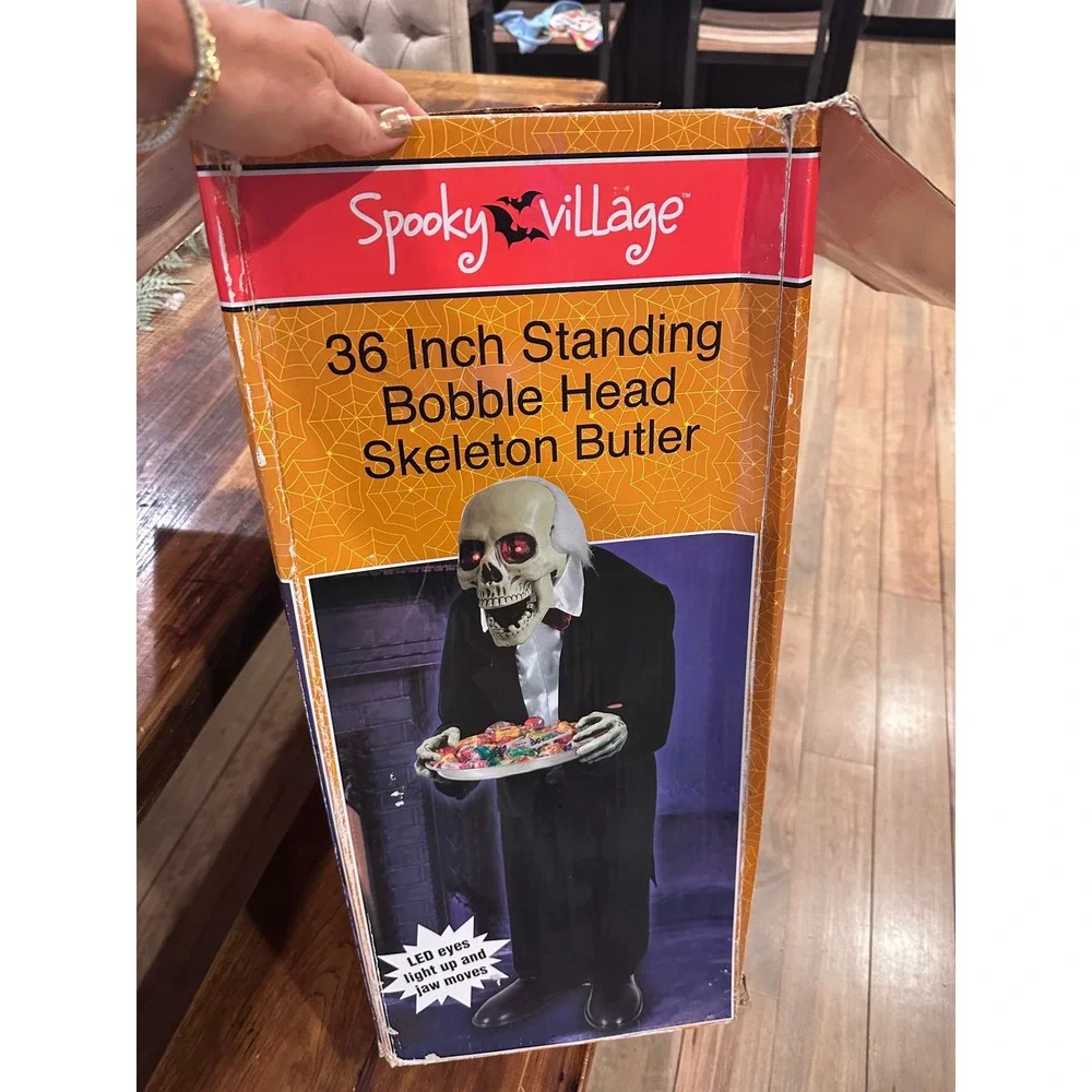 Spooky Village 36 Inch Standing Bobble Head Skeleton Butler LED Eyes 883383